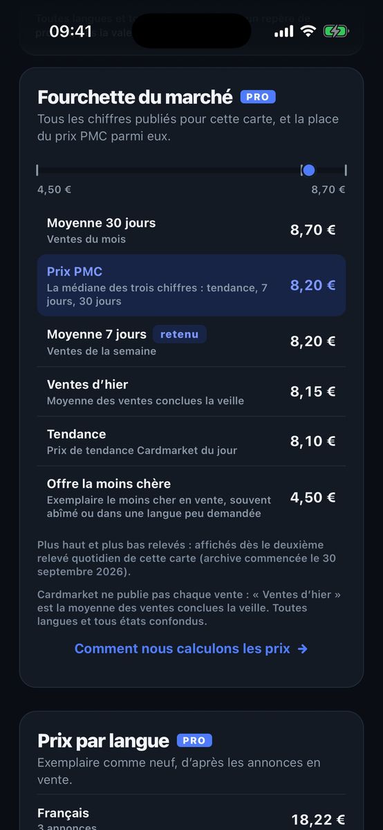 Marktspanne in der App PokeMarketCap