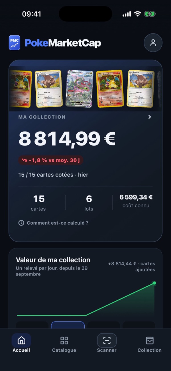 Startseite der App PokeMarketCap: Wert der Sammlung und Markt des Tages
